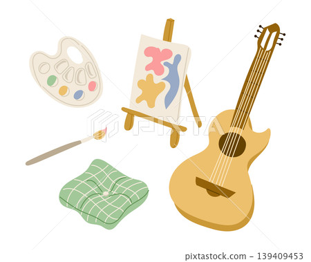 Illustration of artistic tools including a guitar, paint palette, brush, easel with abstract art, and a green cushion arranged in a creative workspace setting Illustration of artistic tools including a guitar, paint palette, brush, easel with abstract art, and a green cushion arranged in a creative workspace setting 139409453