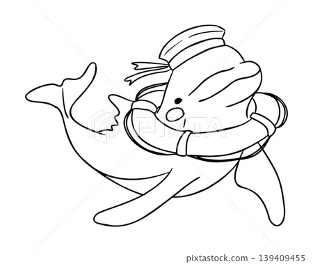 Cartoon dolphin wearing a sailor hat and life preserver swimming in the ocean, outlined in black and ready for coloring, ideal for childrens art projects and educational materials 139409455