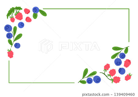 Floral border illustration with blueberries and raspberries, accented by green leaves, suitable for invitations or greeting cards on a clean white background Floral border illustration with blueberries and raspberries, accented by green leaves, suitable for invitations or greeting cards on a clean white background 139409460