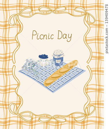 Illustration of a picnic day scene featuring a blue checkered blanket, a loaf of bread, a jar of jam, and flowers on a light background with decorative borders Illustration of a picnic day scene featuring a blue checkered blanket, a loaf of bread, a jar of jam, and flowers on a light background with decorative borders 139409478