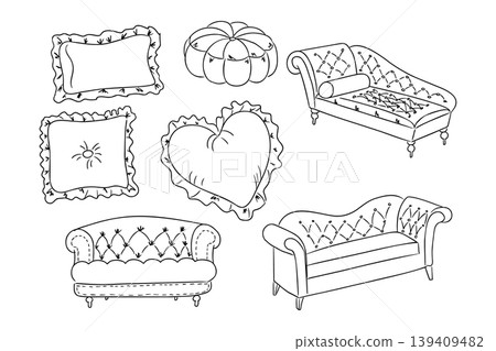 Collection of hand-drawn decorative cushions and sofas in various shapes and styles, including heart, round, and rectangular designs with intricate detailing Collection of hand-drawn decorative cushions and sofas in various shapes and styles, including heart, round, and rectangular designs with intricate detailing 139409482