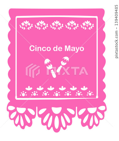 Pink papel picado decoration featuring the text Cinco de Mayo and maracas, commonly used in Mexican celebrations and festivities Pink papel picado decoration featuring the text Cinco de Mayo and maracas, commonly used in Mexican celebrations and festivities 139409485