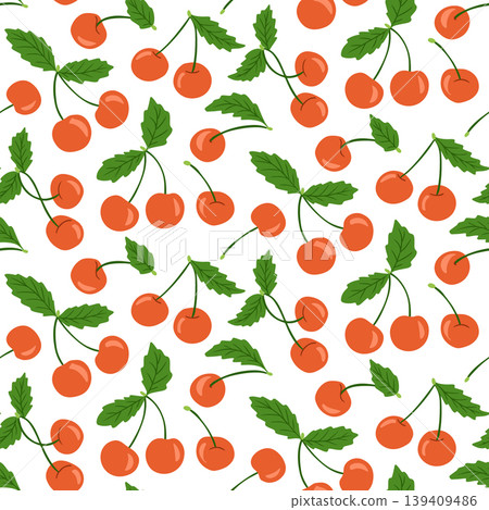 Seamless pattern featuring bright red cherries with green leaves on a white background, ideal for textiles, wallpapers, and various design projects Seamless pattern featuring bright red cherries with green leaves on a white background, ideal for textiles, wallpapers, and various design projects 139409486