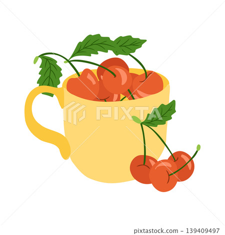 Yellow cup filled with red cherries and green leaves, featuring additional cherries and leaves beside the cup on a white background Yellow cup filled with red cherries and green leaves, featuring additional cherries and leaves beside the cup on a white background 139409497