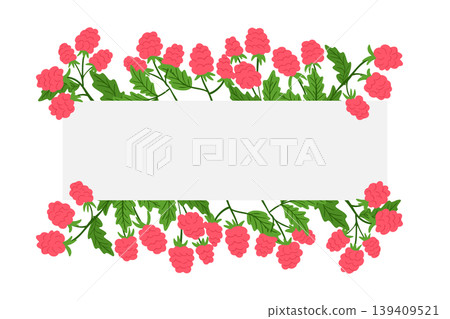 Illustration of pink raspberry flowers and green leaves framing a blank white area, suitable for text or graphic design applications Illustration of pink raspberry flowers and green leaves framing a blank white area, suitable for text or graphic design applications 139409521
