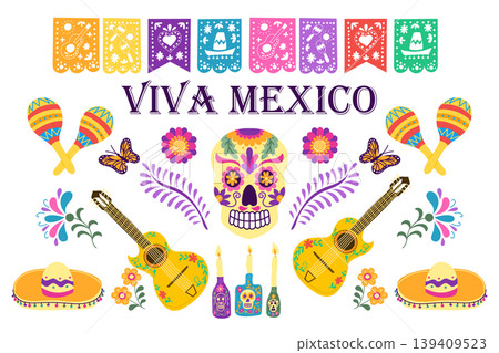 Colorful illustration featuring traditional Mexican symbols including a decorated skull, guitars, maracas, and papel picado banners with the text Viva Mexico prominently displayed Colorful illustration featuring traditional Mexican symbols including a decorated skull, guitars, maracas, and papel picado banners with the text Viva Mexico prominently displayed 139409523