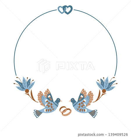 Decorative illustration featuring two blue birds, floral elements, and intertwined hearts above a pair of wedding rings, suitable for wedding invitations or romantic designs Decorative illustration featuring two blue birds, floral elements, and intertwined hearts above a pair of wedding rings, suitable for wedding invitations or romantic designs 139409526