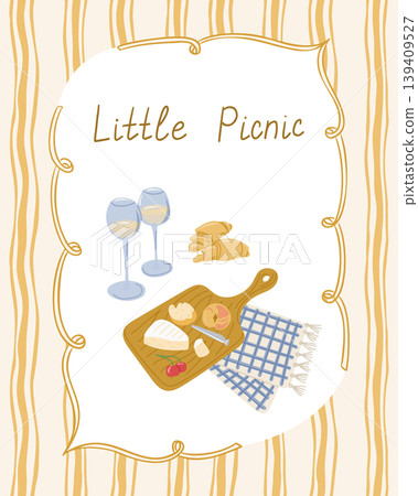 Illustration of a picnic scene featuring a wooden serving board with cheese, bread, and fruit, accompanied by two glasses of drink on a checkered cloth Illustration of a picnic scene featuring a wooden serving board with cheese, bread, and fruit, accompanied by two glasses of drink on a checkered cloth 139409527