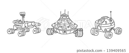 Three illustrated space vehicles featuring a Mars rover, a lunar lander, and a futuristic vehicle, all depicted in a simple black and white style Three illustrated space vehicles featuring a Mars rover, a lunar lander, and a futuristic vehicle, all depicted in a simple black and white style 139409565
