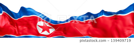 The national flag design of North Korea is displayed on a smooth clear background. The flag features bold colors in a 3D format, enhancing its recognizable design The national flag design of North Korea is displayed on a smooth clear background. The flag features bold colors in a 3D format, enhancing its recognizable design 139409719