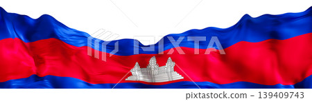 The flag of Cambodia features three horizontal stripes, red at the top and bottom with a blue band in the center. The center has a white outline of Angkor Wat, symbolizing Cambodia's heritage The flag of Cambodia features three horizontal stripes, red at the top and bottom with a blue band in the center. The center has a white outline of Angkor Wat, symbolizing Cambodia's heritage 139409743