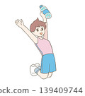 A woman jumping while holding a plastic bottle. 139409744