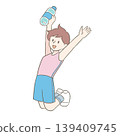 A woman jumping while holding a plastic bottle. 139409745