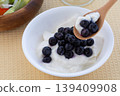 Blueberries on top of yogurt for breakfast 139409908