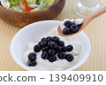 Blueberries on top of yogurt for breakfast 139409910