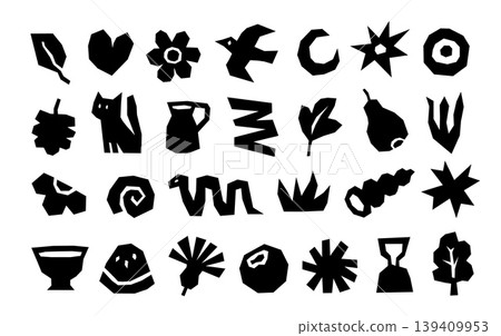 Linocut shapes and symbols vector set with primitive black glyphs, handmade folk icons and abstract silhouettes including bird, cat, leaf, flower and cup elements Linocut shapes and symbols vector set with primitive black glyphs, handmade folk icons and abstract silhouettes including bird, cat, leaf, flower and cup elements 139409953