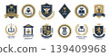 University and college emblems with academic shields, badges and seals, premium education vector set featuring book, owl, torch, laurel wreath, crown and lion symbols 139409968