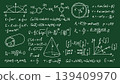 Blackboard with math and science formulas, chalk handwritten equations, geometry, chemistry and physics diagrams on green chalkboard, educational vector background for school 139409970