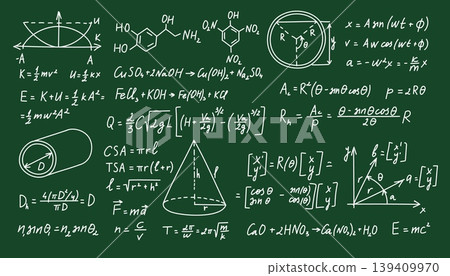 Blackboard with math and science formulas, chalk handwritten equations, geometry, chemistry and physics diagrams on green chalkboard, educational vector background for school 139409970