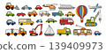 Colorful transport vector set with cute cars, truck, bus, taxi, police, ambulance, helicopter, airplane, balloon, boat and construction vehicles, hand drawn cartoon collection 139409973