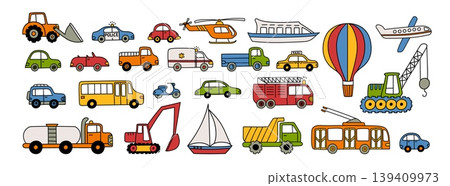 Colorful transport vector set with cute cars, truck, bus, taxi, police, ambulance, helicopter, airplane, balloon, boat and construction vehicles, hand drawn cartoon collection Colorful transport vector set with cute cars, truck, bus, taxi, police, ambulance, helicopter, airplane, balloon, boat and construction vehicles, hand drawn cartoon collection 139409973