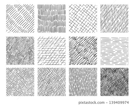 Pencil hatching seamless patterns with crosshatch, lines, stripes and scribble textures, hand drawn black and white sketch backgrounds, abstract geometric vector set 139409974