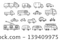 City transport doodle vector set with car, truck, van, bus, taxi, police car, trolleybus, ambulance, firetruck, bicycle and scooter, hand drawn urban vehicle outline icons 139409975