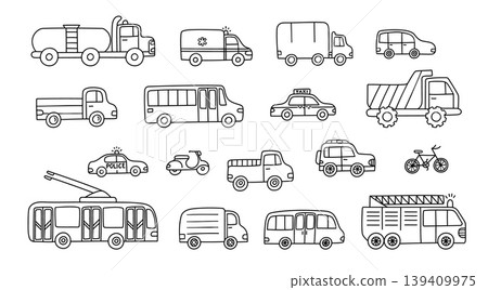 City transport doodle vector set with car, truck, van, bus, taxi, police car, trolleybus, ambulance, firetruck, bicycle and scooter, hand drawn urban vehicle outline icons City transport doodle vector set with car, truck, van, bus, taxi, police car, trolleybus, ambulance, firetruck, bicycle and scooter, hand drawn urban vehicle outline icons 139409975
