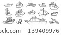 Ship vessel yacht boat sailboat doodle set with fishing trawler, ferry, cruise liner and tugboat, hand drawn marine transport collection for sea travel, navigation and maritime tourism 139409976