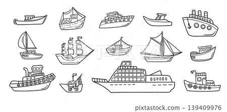 Ship vessel yacht boat sailboat doodle set with fishing trawler, ferry, cruise liner and tugboat, hand drawn marine transport collection for sea travel, navigation and maritime tourism Ship vessel yacht boat sailboat doodle set with fishing trawler, ferry, cruise liner and tugboat, hand drawn marine transport collection for sea travel, navigation and maritime tourism 139409976