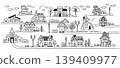 Town street houses and homes doodle cityscape panorama with village cottages, residential facades, trees, lamps and road, hand drawn black and white vector neighborhood banner 139409977