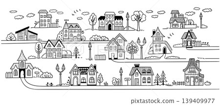 Town street houses and homes doodle cityscape panorama with village cottages, residential facades, trees, lamps and road, hand drawn black and white vector neighborhood banner 139409977