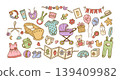 Baby shower cute hand drawn newborn icons for girl and boy gender reveal party, colorful vector set with stroller, cradle, teddy, bottle, pacifier, balloons, toys and clothes 139409982