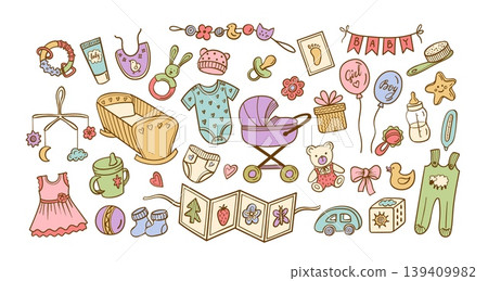 Baby shower cute hand drawn newborn icons for girl and boy gender reveal party, colorful vector set with stroller, cradle, teddy, bottle, pacifier, balloons, toys and clothes Baby shower cute hand drawn newborn icons for girl and boy gender reveal party, colorful vector set with stroller, cradle, teddy, bottle, pacifier, balloons, toys and clothes 139409982