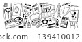 Art supplies doodle tools for painting, drawing and sketching, artist studio brushes, sketchbook, palette, easel, canvas, ink bottle, marker, pen, pencils and scissors, hand drawn vector 139410012