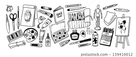 Art supplies doodle tools for painting, drawing and sketching, artist studio brushes, sketchbook, palette, easel, canvas, ink bottle, marker, pen, pencils and scissors, hand drawn vector 139410012