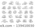 Japanese line sea waves. Ocean great kanagawa wave tattoo graphic, logo or emblem. Fresh water splashes maritime decoration, hand drawn river flow. Vintage nautical oriental labels. Vector set 139410030