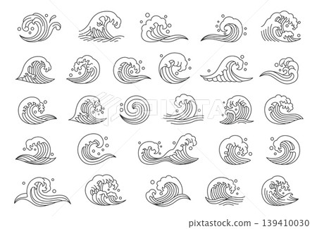 Japanese line sea waves. Ocean great kanagawa wave tattoo graphic, logo or emblem. Fresh water splashes maritime decoration, hand drawn river flow. Vintage nautical oriental labels. Vector set Japanese line sea waves. Ocean great kanagawa wave tattoo graphic, logo or emblem. Fresh water splashes maritime decoration, hand drawn river flow. Vintage nautical oriental labels. Vector set 139410030