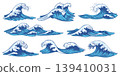 Engraving waves. Ocean blue water surfing wave vintage hand drawn, foam and storm splashes doodle, nautical outline in ukiy o e Japanese sketch style. Marine retro woodcut vector isolated set 139410031