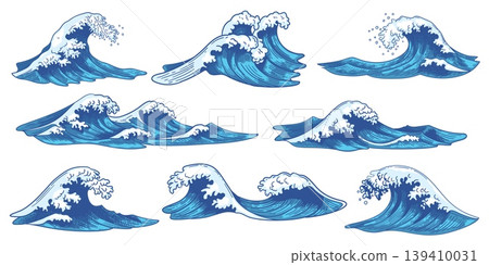 Engraving waves. Ocean blue water surfing wave vintage hand drawn, foam and storm splashes doodle, nautical outline in ukiy o e Japanese sketch style. Marine retro woodcut vector isolated set 139410031