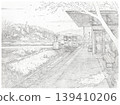 Rural Japanese railway station in countryside pencil sketch 139410206