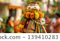Detailed Gudi decoration in focus with soft blurred street behind. Representation of Hindu New Year celebration in modern city life. 139410283