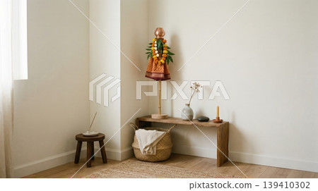 Traditional Gudi placed in modern minimalist room interior. Concept of Gudi Padwa Indian festival blending culture and contemporary home style. Traditional Gudi placed in modern minimalist room interior. Concept of Gudi Padwa Indian festival blending culture and contemporary home style. 139410302