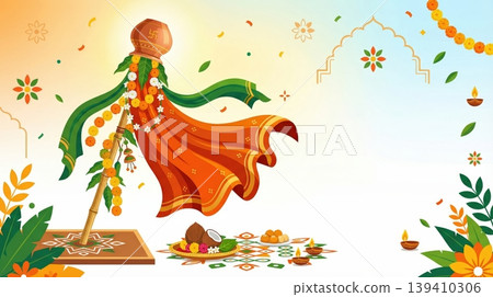 Minimal Gudi Padwa composition on light background. Symbol of Indian celebration heritage and spiritual tradition. 139410306