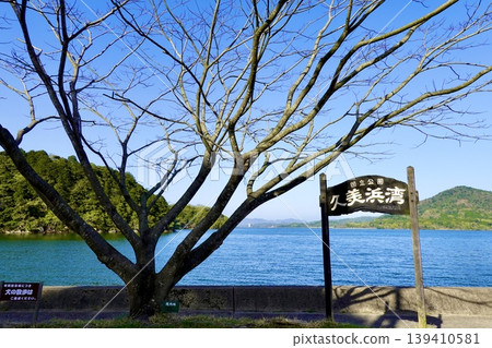 群海灣：從群海灣京比線上的如意寺前眺望大海，背景是群海灣的標示牌。京都府京丹後市群海町。 139410581