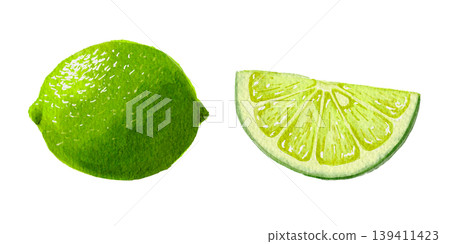 Watercolor illustration of limes, fruit and wedge cut. 139411423
