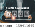 Businessman interacts with digital government icons on a tablet, symbolizing modern e-government services and online solutions. 139411645