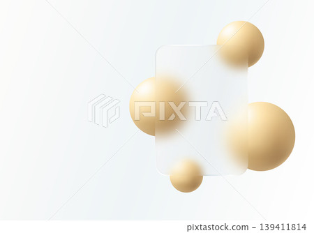 Minimal frosted glass card with beige spheres on pale neutral background Minimal frosted glass card with beige spheres on pale neutral background 139411814