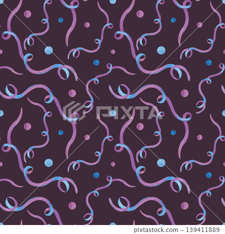 Seamless pattern with hand-painted watercolor ribbon coils and a scattering of confetti. The illustration on a dark purple background is suitable for creating party invitations, greeting cards Seamless pattern with hand-painted watercolor ribbon coils and a scattering of confetti. The illustration on a dark purple background is suitable for creating party invitations, greeting cards 139411889