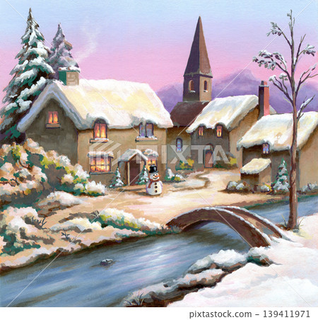 Winter landscape with bridge and snowman Winter landscape with bridge and snowman 139411971
